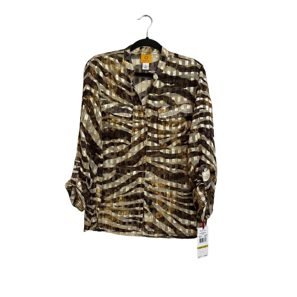 Ruby Rd Tribal Revival Blouse Size 14 Metallic Zebra Animal Print Sheer NWT